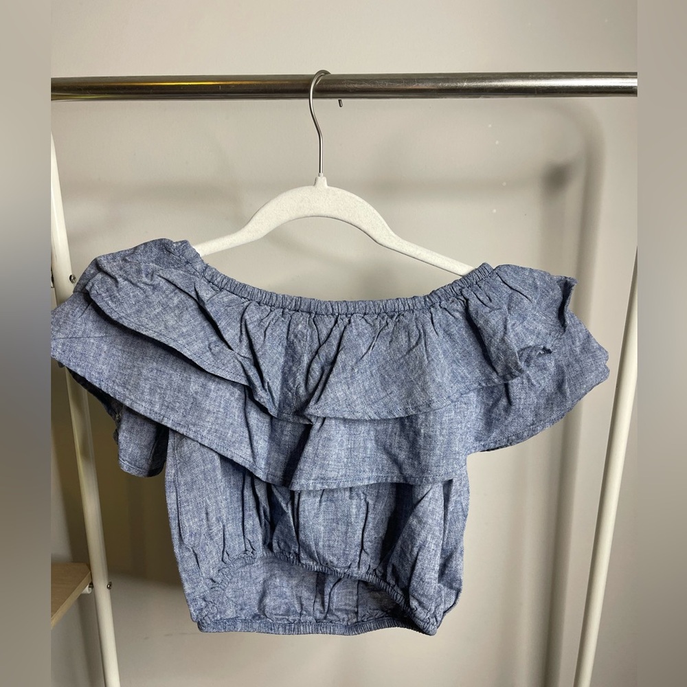 Express off-shoulder denim ruffle crop top / country concert outfit size small - Picture 2 of 2